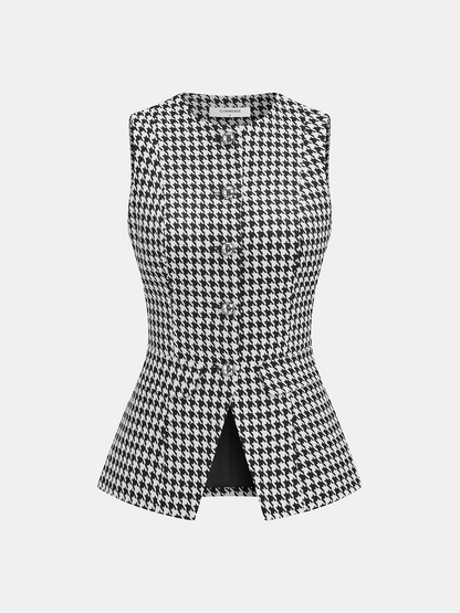 Houndstooth Buttoned Vest and Mini Skirt Set