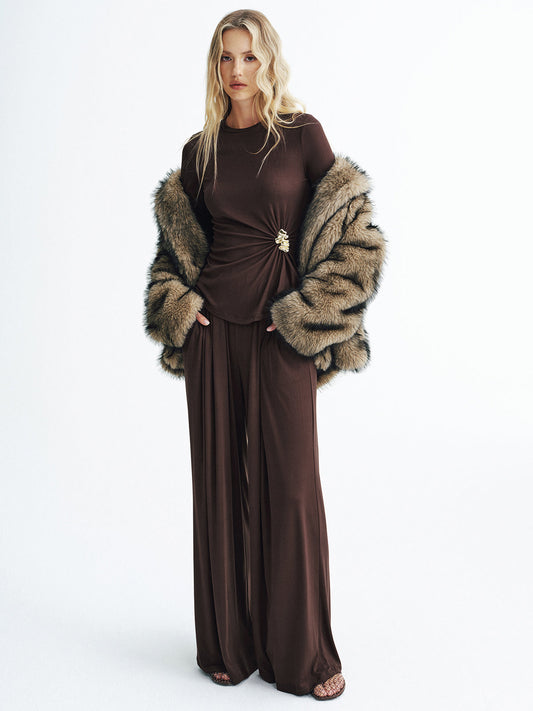 Metal Detail Top and Wide-Leg Pants Set
