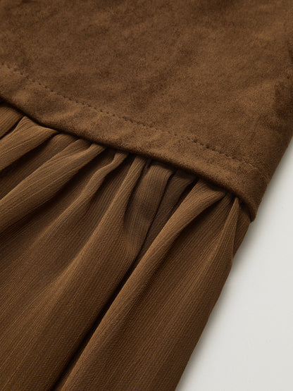 Semi-Sheer Mesh Panel Suede Maxi Skirt