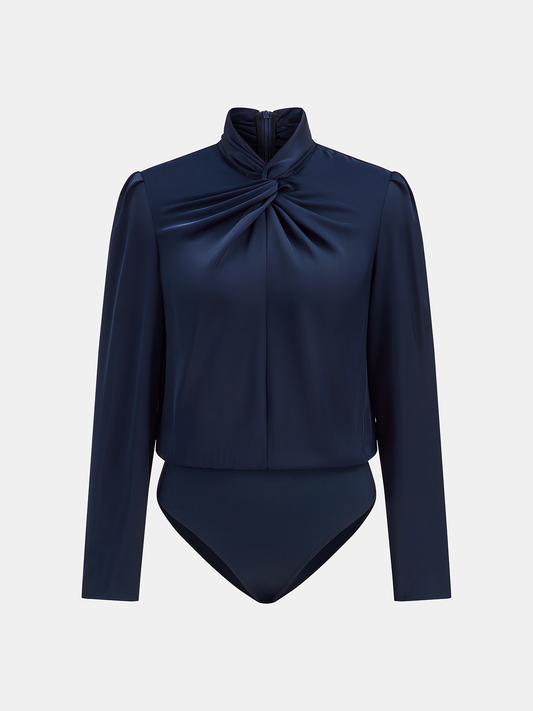 Twisted Mock Neck Long-Sleeve Satin Bodysuit
