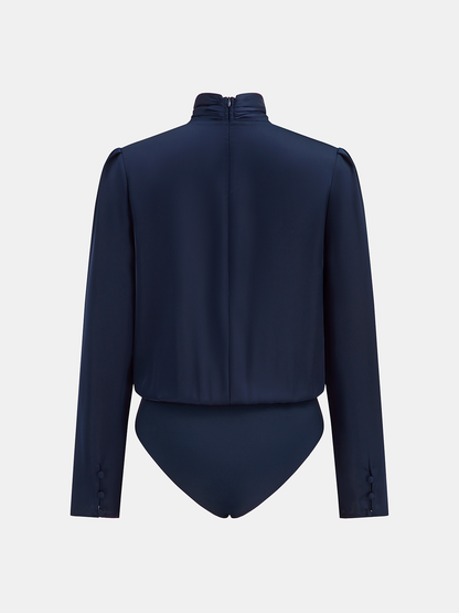 Twisted Mock Neck Long-Sleeve Satin Bodysuit