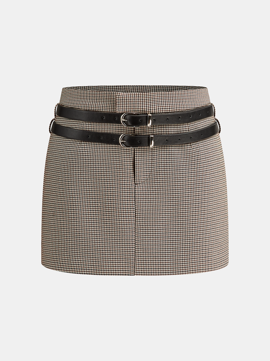 Houndstooth Mini Skirt with Double Belt