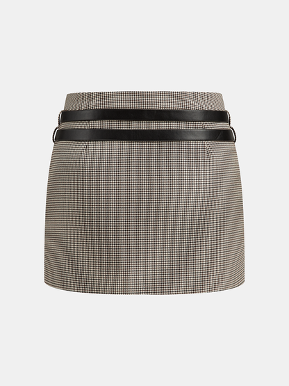 Houndstooth Mini Skirt with Double Belt