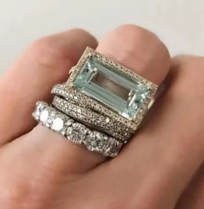 Vintage Aqua Emerald-Cut Stack 3 Pieces Ring Set