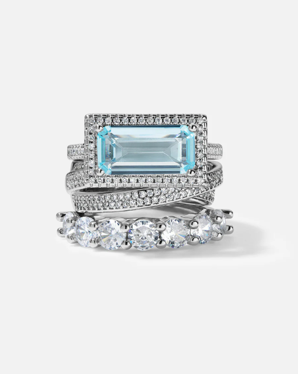 Vintage Aqua Emerald-Cut Stack 3 Pieces Ring Set