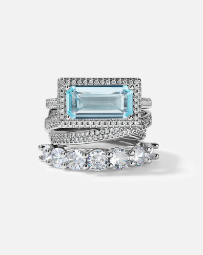Vintage Aqua Emerald-Cut Stack 3 Pieces Ring Set