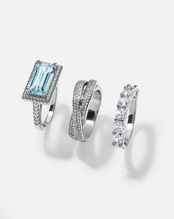Vintage Aqua Emerald-Cut Stack 3 Pieces Ring Set