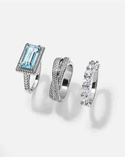 Vintage Aqua Emerald-Cut Stack 3 Pieces Ring Set