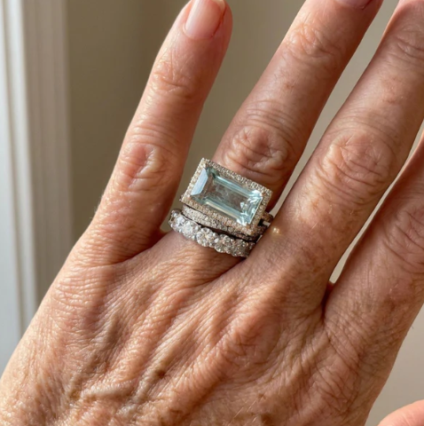 Vintage Aqua Emerald-Cut Stack 3 Pieces Ring Set