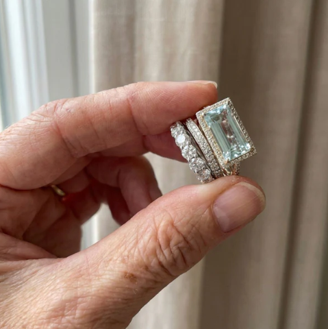 Vintage Aqua Emerald-Cut Stack 3 Pieces Ring Set
