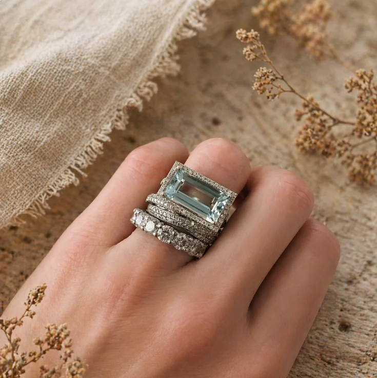 Vintage Aqua Emerald-Cut Stack 3 Pieces Ring Set