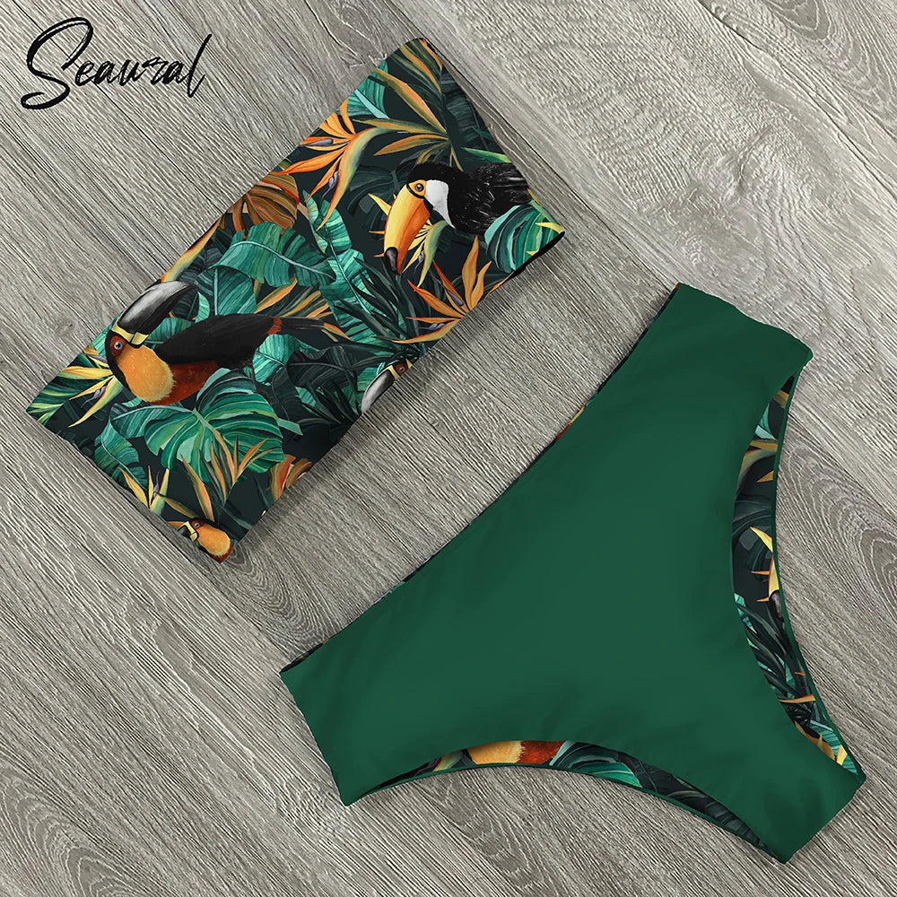 2025 New Sexy Low Hight Bikini Set Swimwear Women Bandeau Female Print Floral Strappy Swimsuit Bathing Suit Beach Wear Biquini