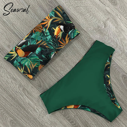 2025 New Sexy Low Hight Bikini Set Swimwear Women Bandeau Female Print Floral Strappy Swimsuit Bathing Suit Beach Wear Biquini
