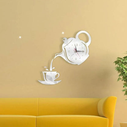 3D DIY Teapot Shape Wall Clock Acrylic Mirror Clock Modern Kitchen Home Decor Wall Sticker Hollow Digital Clock watch home clock