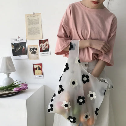 Women Transparent Tote Double Organza Yarn Cloth Bag Embroidery Flowers Handbag High Quality Eco Shopping Bag Purses For Girls