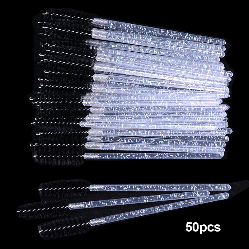 50Pcs Disposable Micro Glitter Eyelash Mascara Wands Mini Crystal Eye Lashes Brush Comb Eyebrow Spoolies Makeup Beauty Tools