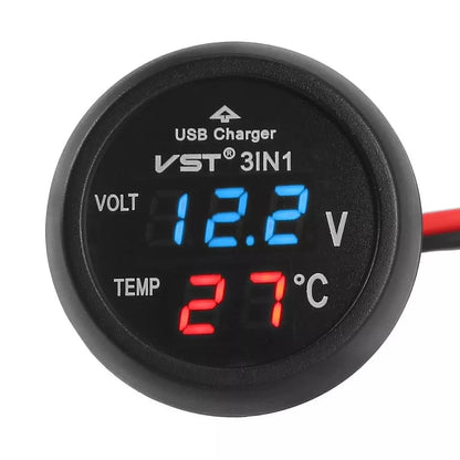 Universal 12V/24V Digital Meter Monitor 3 in 1 LED USB Car Charger Voltmeter Thermometer Car Battery Monitor LCD Dual Display