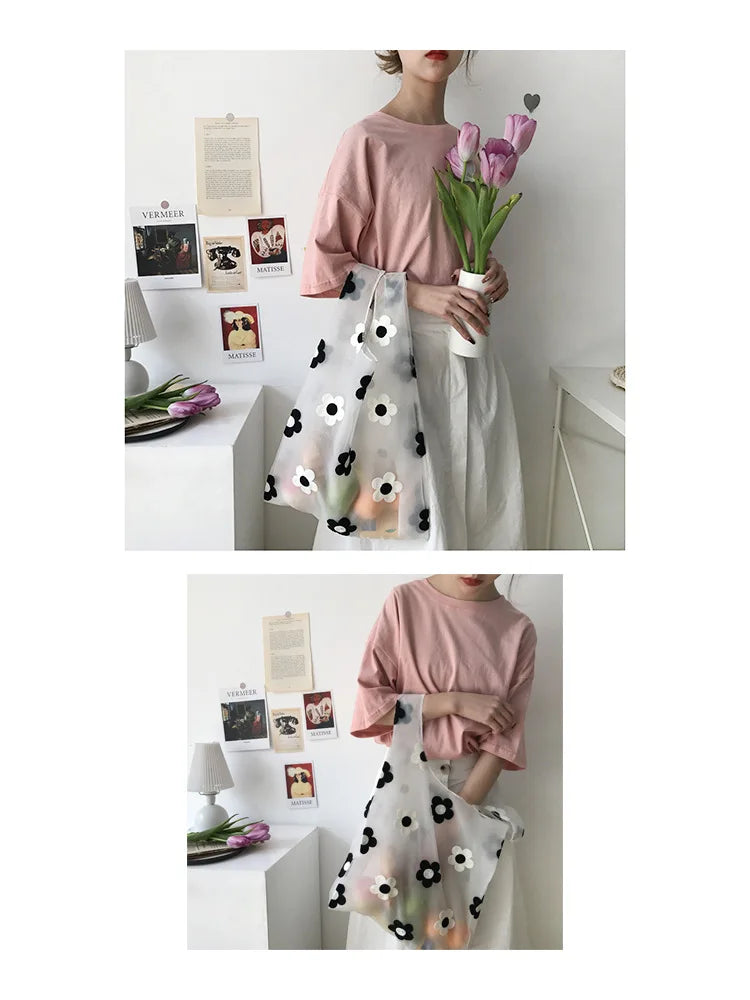 Women Transparent Tote Double Organza Yarn Cloth Bag Embroidery Flowers Handbag High Quality Eco Shopping Bag Purses For Girls