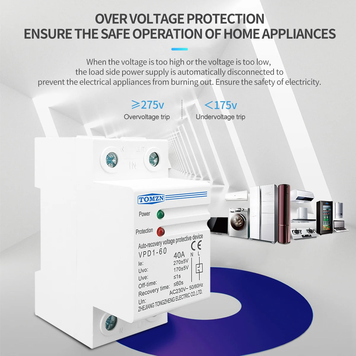 TOMZN 40A 60A 230V DIN Rail Automatic Recovery Reconnect Over Voltage And Under Voltage Protective Device Protection Relay