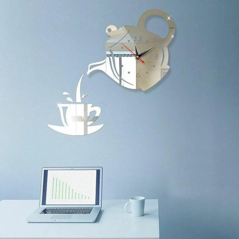 3D DIY Teapot Shape Wall Clock Acrylic Mirror Clock Modern Kitchen Home Decor Wall Sticker Hollow Digital Clock watch home clock