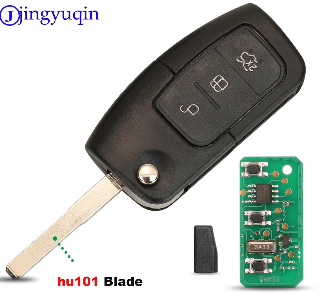 Jingyuqin Car Remote Key Fob ASK 433Mhz For Ford Fiesta Focus 2 Ecosport Kuga Escape C Max Ka Fob HU101 / FO21 3 Buttons