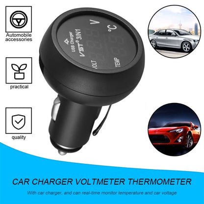 Universal 12V/24V Digital Meter Monitor 3 in 1 LED USB Car Charger Voltmeter Thermometer Car Battery Monitor LCD Dual Display