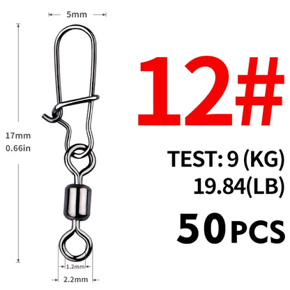 MEREDITH Fishing Connector 50PCS/Lot 2# 4# 6# 8# 10# Pin Bearing Rolling Swivel Stainless Steel With Snap Fishhook Lure Tackle