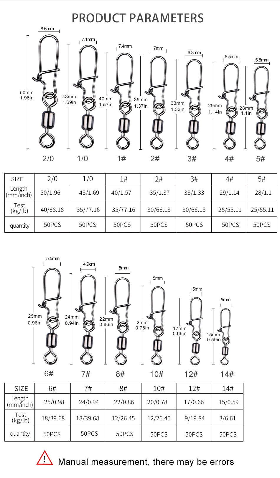 MEREDITH Fishing Connector 50PCS/Lot 2# 4# 6# 8# 10# Pin Bearing Rolling Swivel Stainless Steel With Snap Fishhook Lure Tackle