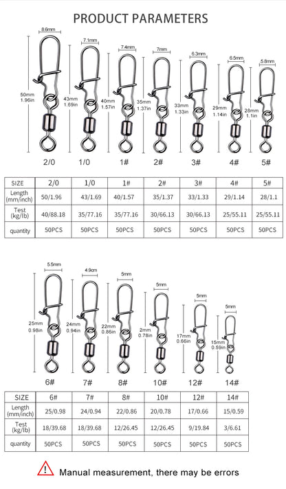MEREDITH Fishing Connector 50PCS/Lot 2# 4# 6# 8# 10# Pin Bearing Rolling Swivel Stainless Steel With Snap Fishhook Lure Tackle