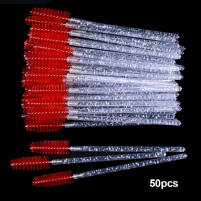 50Pcs Disposable Micro Glitter Eyelash Mascara Wands Mini Crystal Eye Lashes Brush Comb Eyebrow Spoolies Makeup Beauty Tools