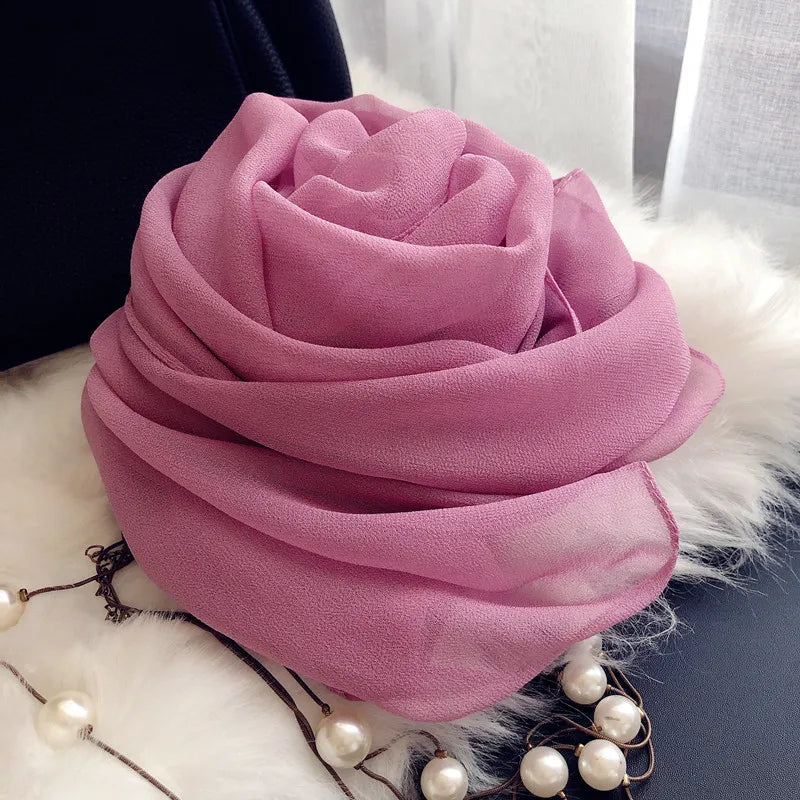 Fashion Four Seasons Women Plain Color Thin Soft Beach Thin Silky Georgette Scarf Shawls Long Wraps Beach Sunscreen Hijab