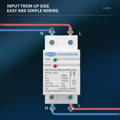 TOMZN 40A 60A 230V DIN Rail Automatic Recovery Reconnect Over Voltage And Under Voltage Protective Device Protection Relay