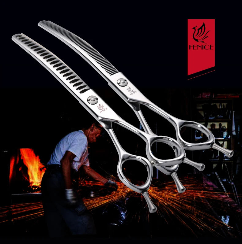 Fenice 7.0/7.5 inch Professional Dog Grooming Shears Curved Thinning Scissors for Dog Face Body Cutiing JP 440C High Quality