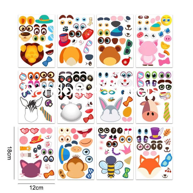 12 Sheets Make a Face Stickers Kids DIY Stickers Make-a-Face Animal Stickers Children Recognition Training Education Toy