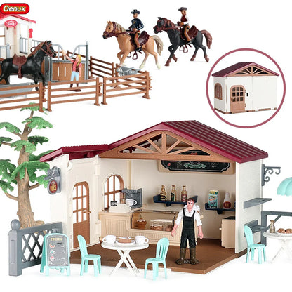 Oenux Farm Stable House Model Action Figures Emulational Horseman Horse Animals Playset Figurine Cute Educational Kids Toy Gift