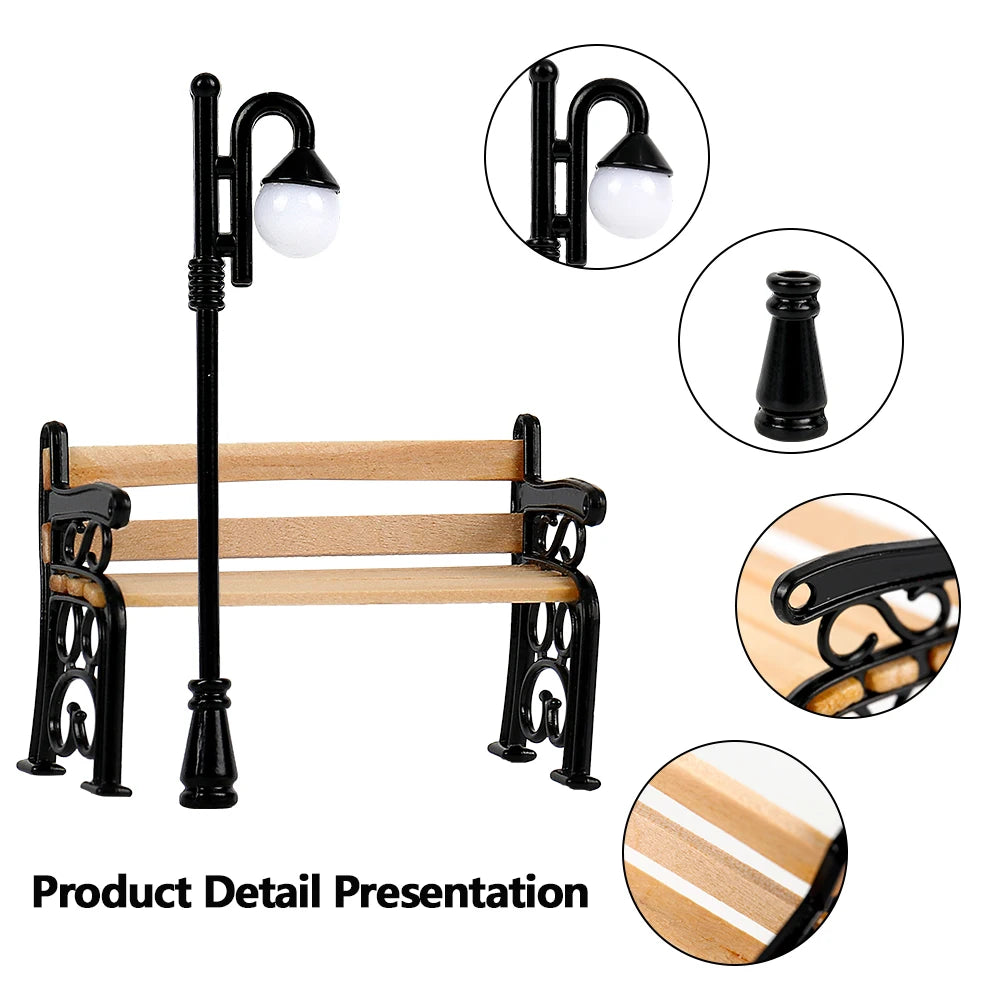 Wooden Park Bench & Street Lamp Micro Landscape Figurines Doll House Furniture Miniature Decor Toy DIY Craft Home Decoration
