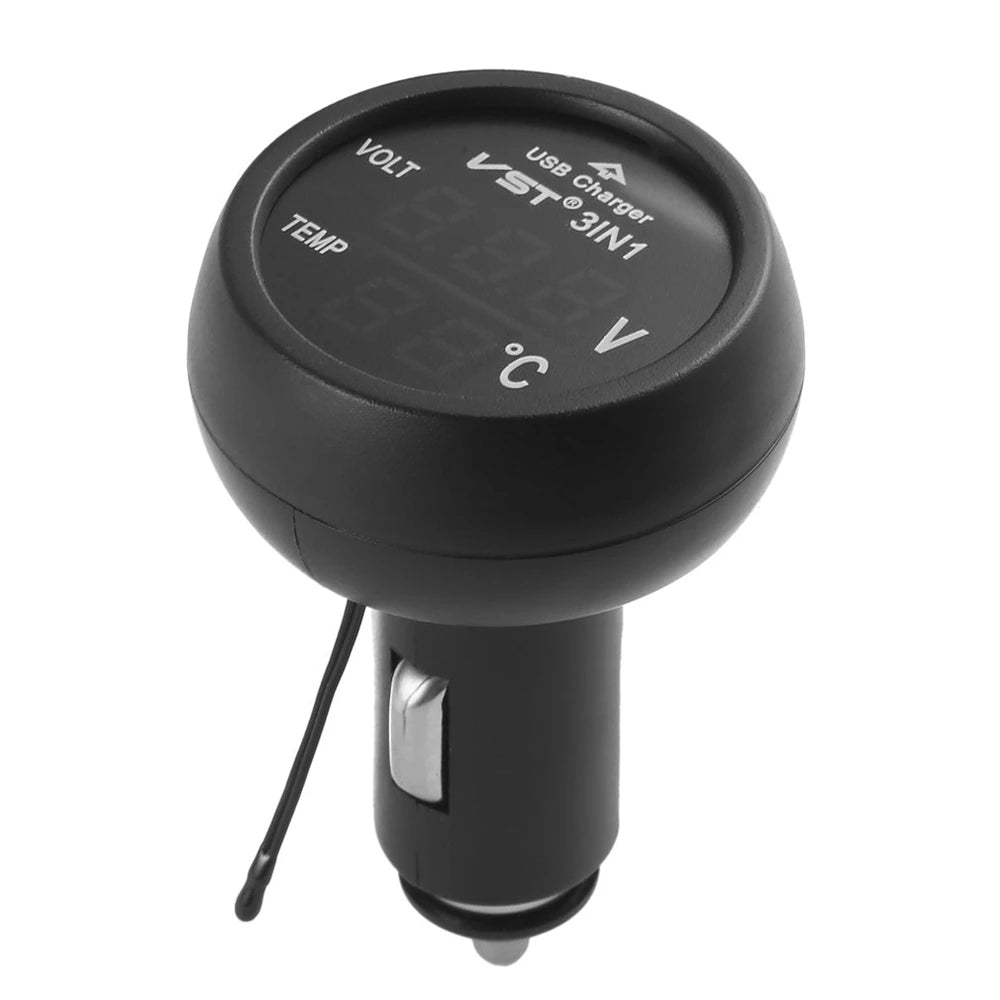 Universal 12V/24V Digital Meter Monitor 3 in 1 LED USB Car Charger Voltmeter Thermometer Car Battery Monitor LCD Dual Display