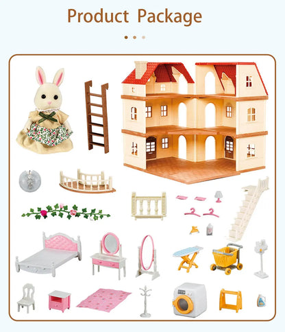 Simulation Kitchen Forest Family Small House Double Three- Story Villa Reindeer  Animal Model Girl Dollhouse Furniture Toy Gifts