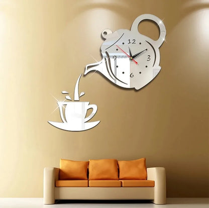 3D DIY Teapot Shape Wall Clock Acrylic Mirror Clock Modern Kitchen Home Decor Wall Sticker Hollow Digital Clock watch home clock