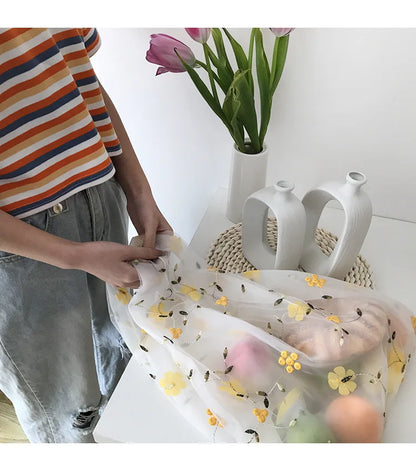 Women Transparent Tote Double Organza Yarn Cloth Bag Embroidery Flowers Handbag High Quality Eco Shopping Bag Purses For Girls