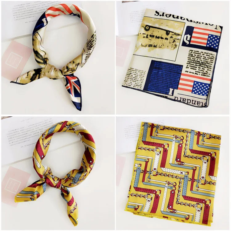 Square Scarf Hair Tie Band For Business Party Women Elegant Small Vintage Skinny Retro Head Neck Silk Satin Scarf