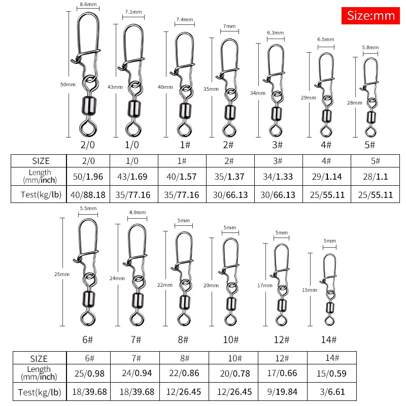 MEREDITH Fishing Connector 50PCS/Lot 2# 4# 6# 8# 10# Pin Bearing Rolling Swivel Stainless Steel With Snap Fishhook Lure Tackle