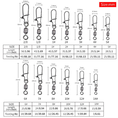 MEREDITH Fishing Connector 50PCS/Lot 2# 4# 6# 8# 10# Pin Bearing Rolling Swivel Stainless Steel With Snap Fishhook Lure Tackle
