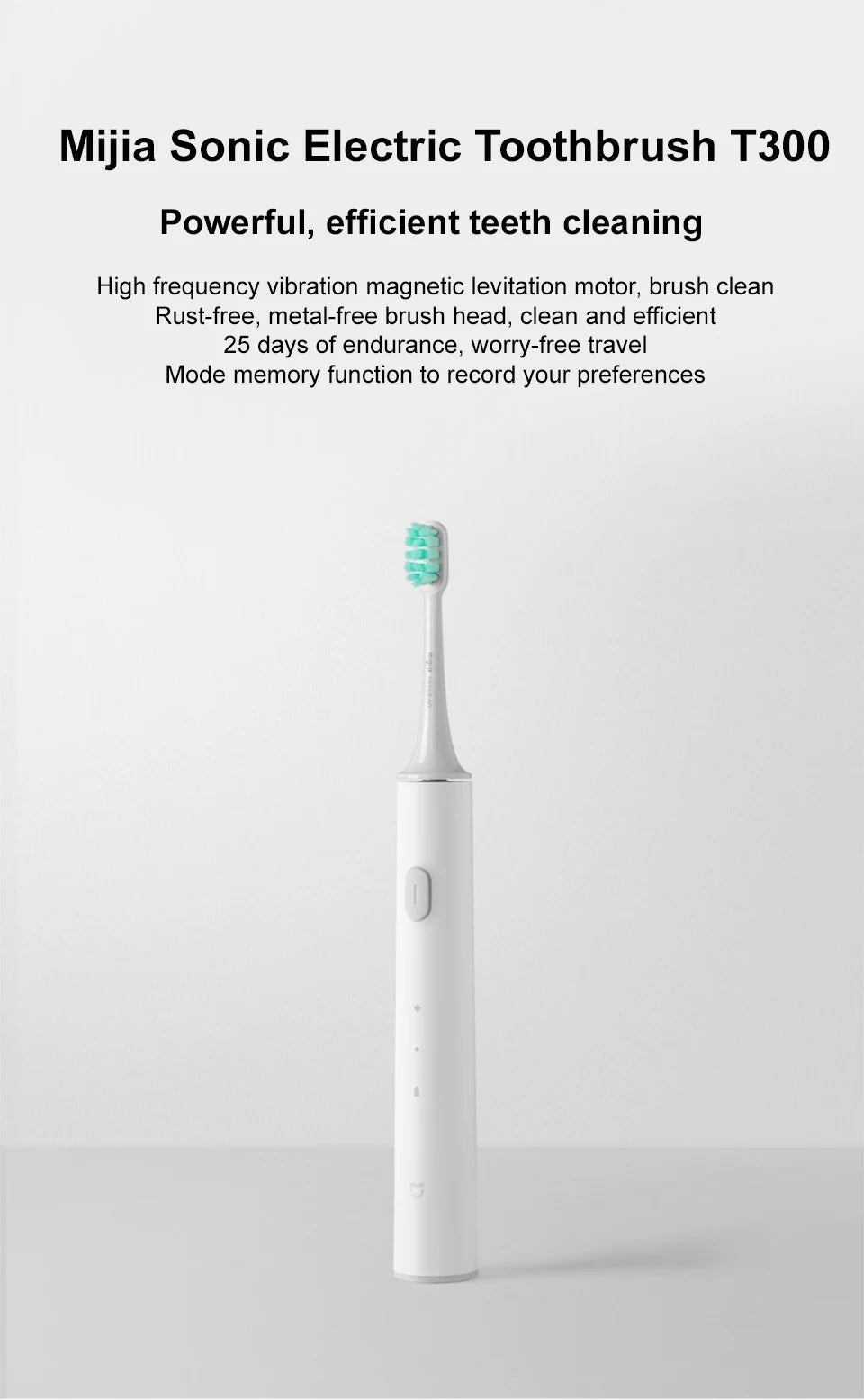 Mijia Electric Toothbrush T300 Long Battery Life Sonic Toothbrush IPX7 Waterproof High Frequency Vibration Magnetic Motor
