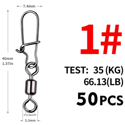 MEREDITH Fishing Connector 50PCS/Lot 2# 4# 6# 8# 10# Pin Bearing Rolling Swivel Stainless Steel With Snap Fishhook Lure Tackle