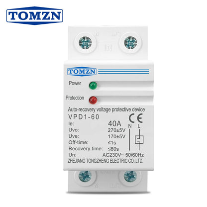 TOMZN 40A 60A 230V DIN Rail Automatic Recovery Reconnect Over Voltage And Under Voltage Protective Device Protection Relay