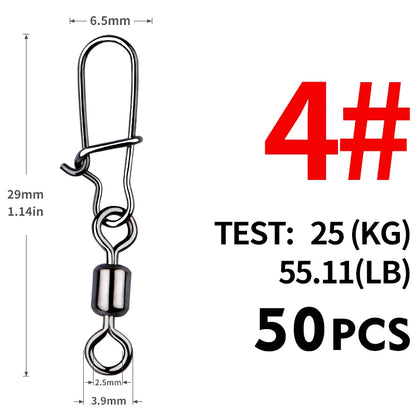 MEREDITH Fishing Connector 50PCS/Lot 2# 4# 6# 8# 10# Pin Bearing Rolling Swivel Stainless Steel With Snap Fishhook Lure Tackle