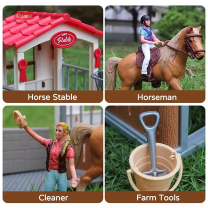 Oenux Farm Stable House Model Action Figures Emulational Horseman Horse Animals Playset Figurine Cute Educational Kids Toy Gift