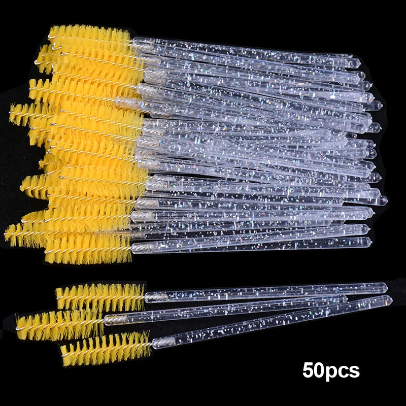 50Pcs Disposable Micro Glitter Eyelash Mascara Wands Mini Crystal Eye Lashes Brush Comb Eyebrow Spoolies Makeup Beauty Tools