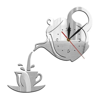 3D DIY Teapot Shape Wall Clock Acrylic Mirror Clock Modern Kitchen Home Decor Wall Sticker Hollow Digital Clock watch home clock